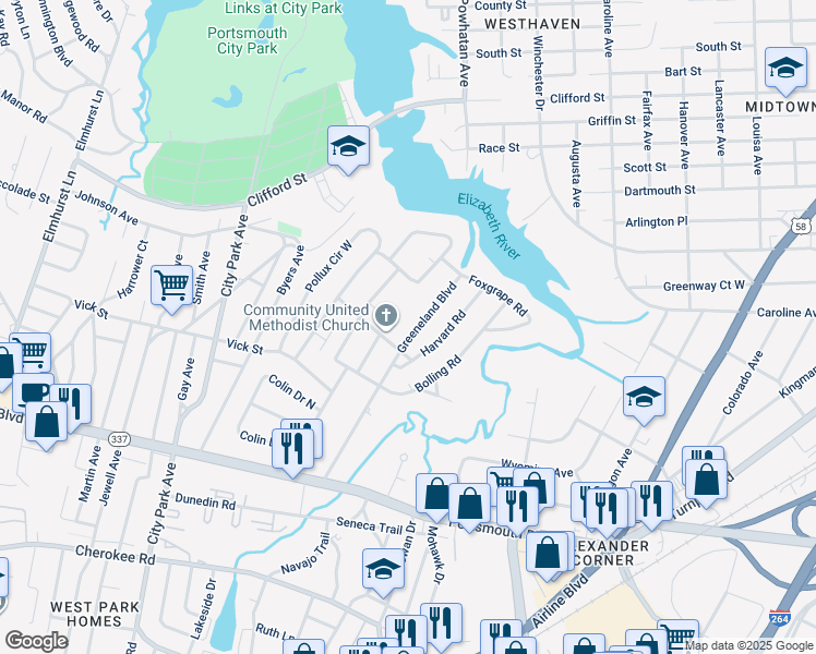 map of restaurants, bars, coffee shops, grocery stores, and more near 41 Greeneland Boulevard in Portsmouth