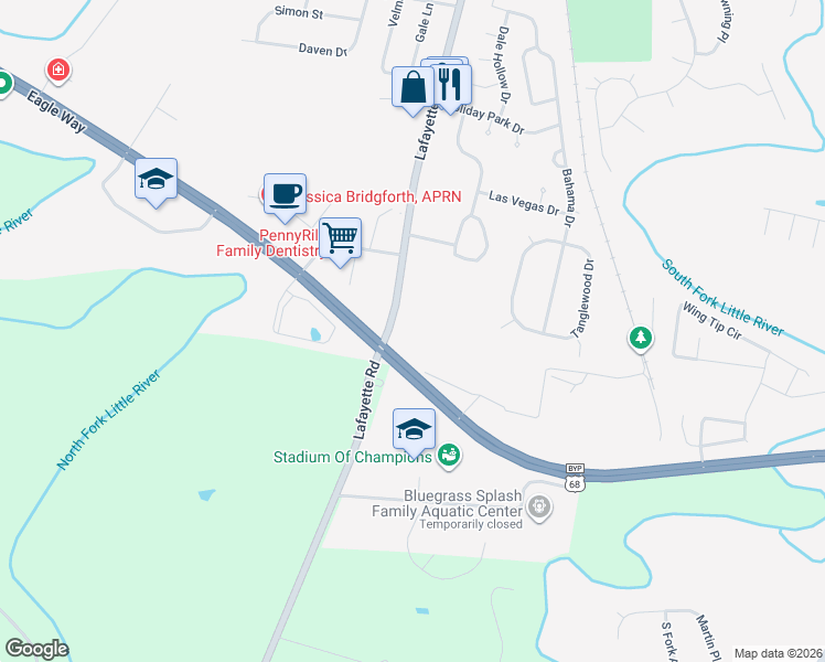 map of restaurants, bars, coffee shops, grocery stores, and more near 4155 Kentucky 107 in Hopkinsville