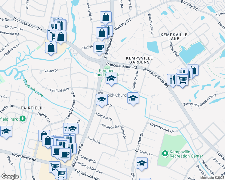 map of restaurants, bars, coffee shops, grocery stores, and more near 5148 Chief Trail in Virginia Beach