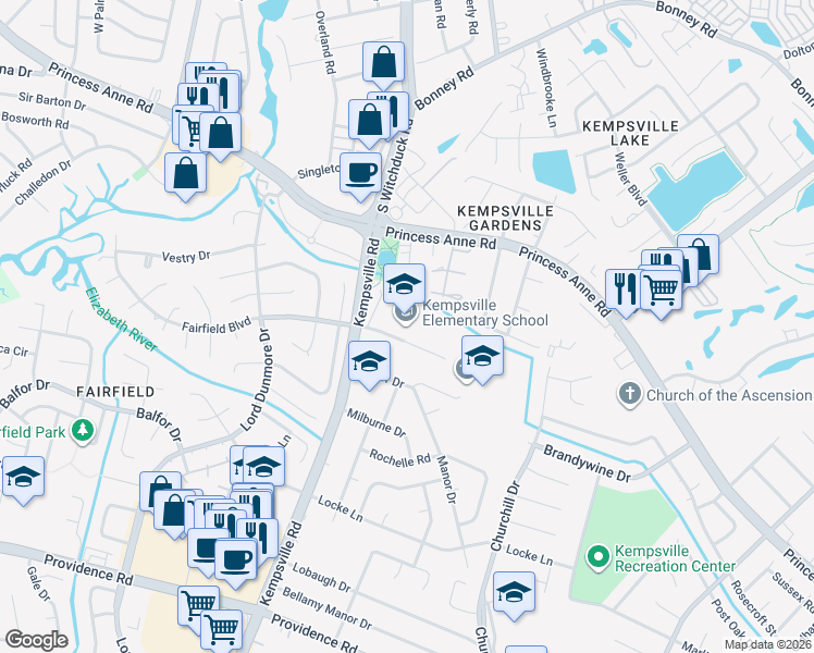 map of restaurants, bars, coffee shops, grocery stores, and more near 570 Kempsville Road in Virginia Beach