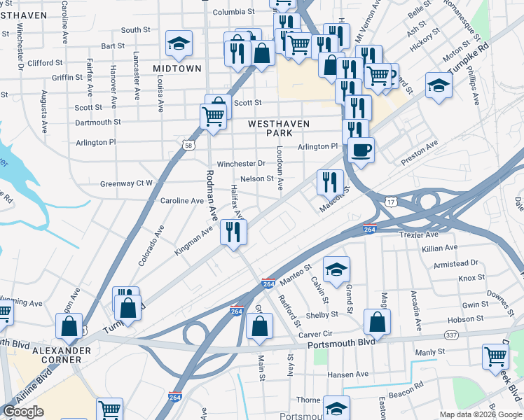 map of restaurants, bars, coffee shops, grocery stores, and more near 3402 Turnpike Road in Portsmouth