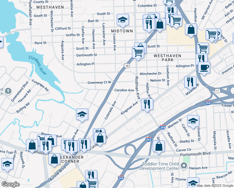 map of restaurants, bars, coffee shops, grocery stores, and more near 2004 Colorado Avenue in Portsmouth