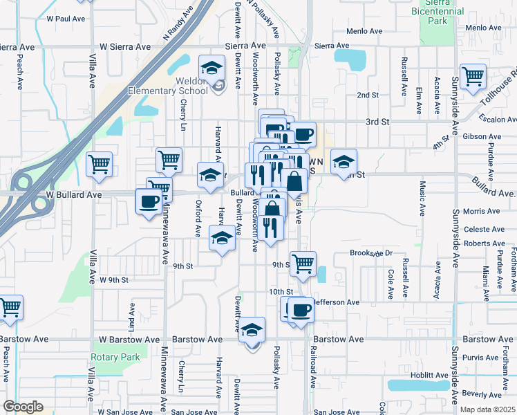 map of restaurants, bars, coffee shops, grocery stores, and more near 705 Woodworth Avenue in Clovis