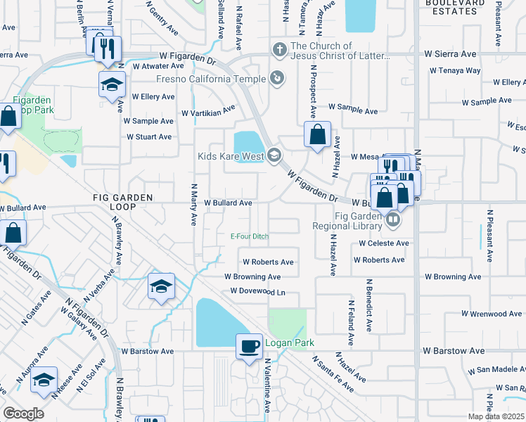 map of restaurants, bars, coffee shops, grocery stores, and more near 5758 North Malsbury Avenue in Fresno