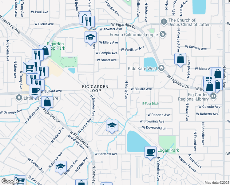 map of restaurants, bars, coffee shops, grocery stores, and more near 5787 North Marty Avenue in Fresno