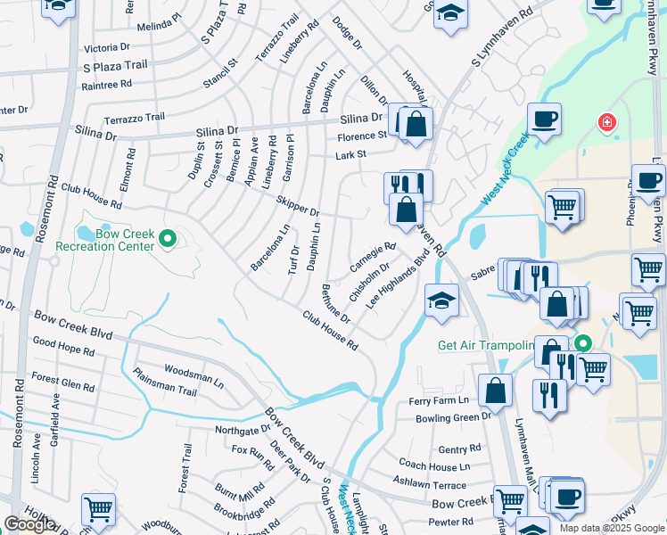 map of restaurants, bars, coffee shops, grocery stores, and more near 485 Carnegie Road in Virginia Beach