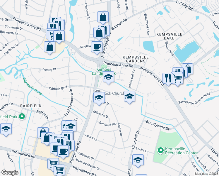 map of restaurants, bars, coffee shops, grocery stores, and more near 5148 Chief Trail in Virginia Beach