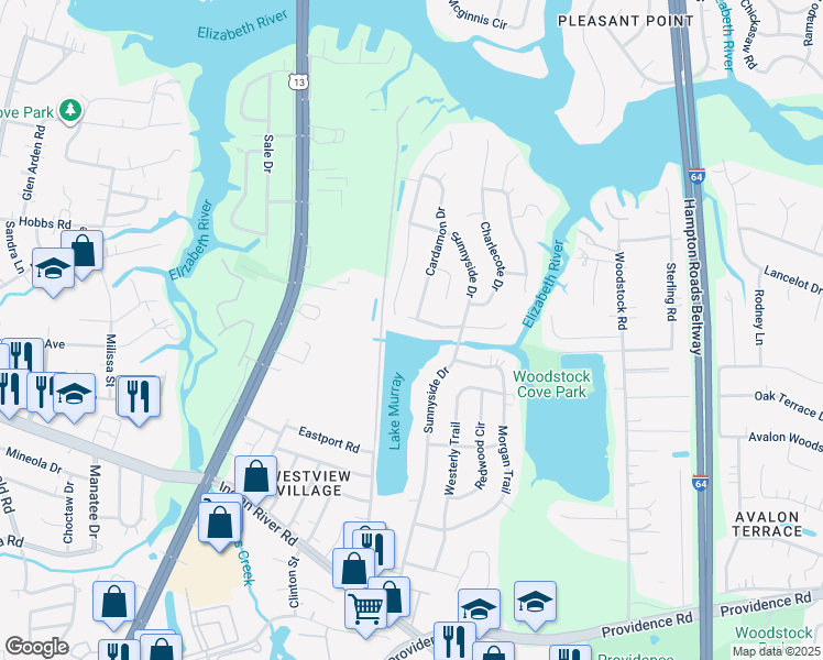 map of restaurants, bars, coffee shops, grocery stores, and more near 6221 Partridge Drive in Virginia Beach