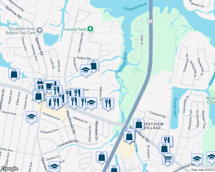 map of restaurants, bars, coffee shops, grocery stores, and more near 1121 Trestman Avenue in Virginia Beach