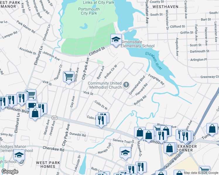map of restaurants, bars, coffee shops, grocery stores, and more near 7 Pollux Circle East in Portsmouth