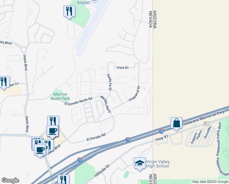 map of restaurants, bars, coffee shops, grocery stores, and more near 636 Las Palmas Circle in Mesquite