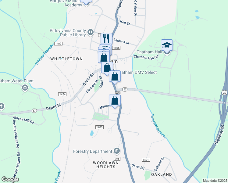 map of restaurants, bars, coffee shops, grocery stores, and more near 204 South Main Street in Chatham