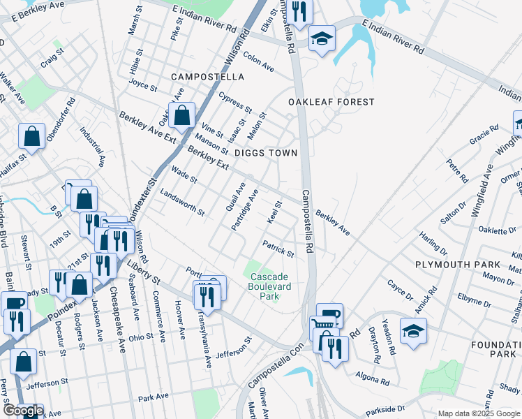 map of restaurants, bars, coffee shops, grocery stores, and more near 2035 Christian Avenue in Chesapeake