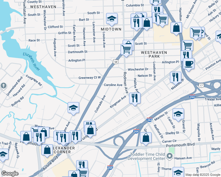 map of restaurants, bars, coffee shops, grocery stores, and more near 2003 Colorado Avenue in Portsmouth