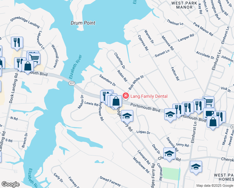 map of restaurants, bars, coffee shops, grocery stores, and more near 806 Melvin Drive in Portsmouth