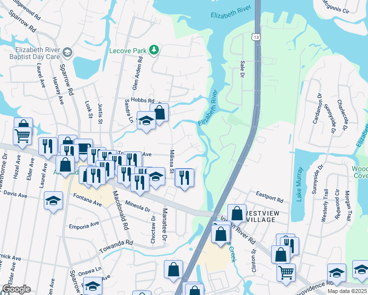 map of restaurants, bars, coffee shops, grocery stores, and more near 1121 Trestman Avenue in Virginia Beach