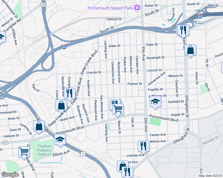 map of restaurants, bars, coffee shops, grocery stores, and more near 2112 Charleston Avenue in Portsmouth