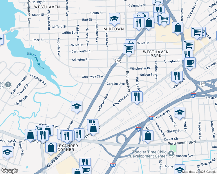 map of restaurants, bars, coffee shops, grocery stores, and more near 2004 Colorado Avenue in Portsmouth