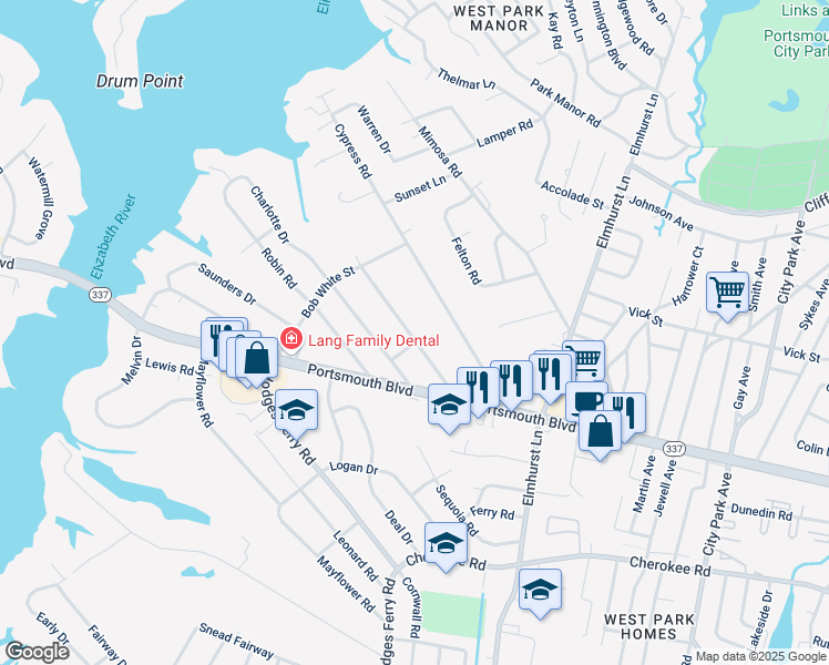 map of restaurants, bars, coffee shops, grocery stores, and more near 204 Teal Street in Portsmouth