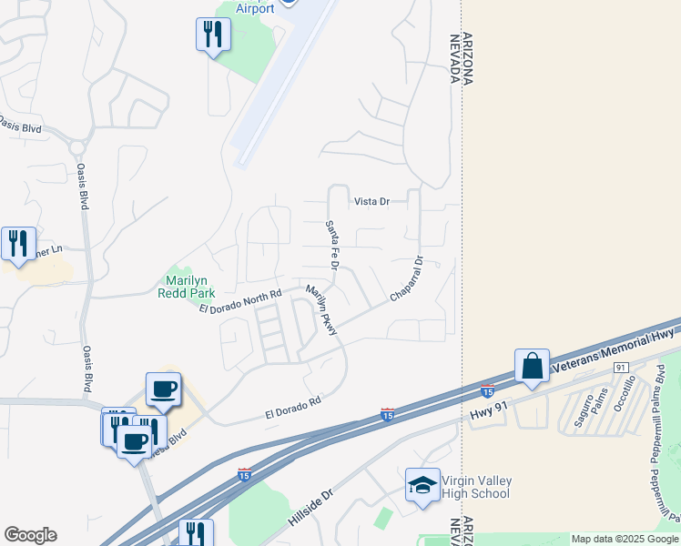 map of restaurants, bars, coffee shops, grocery stores, and more near 636 Las Palmas Circle in Mesquite