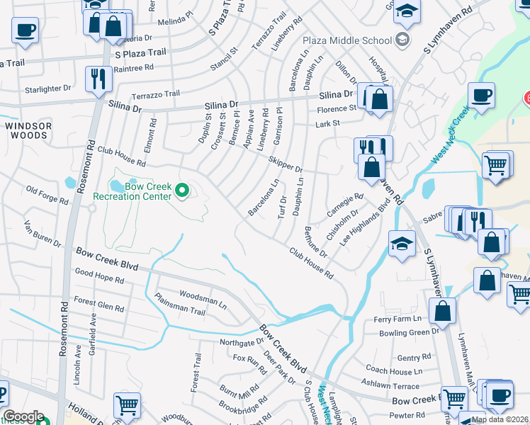 map of restaurants, bars, coffee shops, grocery stores, and more near 3309 Barcelona Court in Virginia Beach