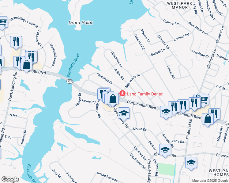 map of restaurants, bars, coffee shops, grocery stores, and more near 806 Melvin Drive in Portsmouth