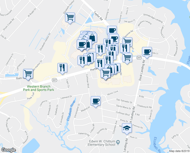 map of restaurants, bars, coffee shops, grocery stores, and more near 4137 Portsmouth Boulevard in Chesapeake