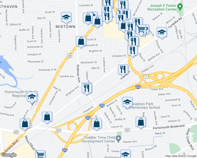 map of restaurants, bars, coffee shops, grocery stores, and more near 3400 Virginia 337 Alternate in Portsmouth