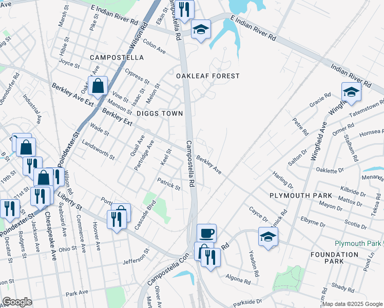 map of restaurants, bars, coffee shops, grocery stores, and more near 1400 Berkley Avenue in Chesapeake
