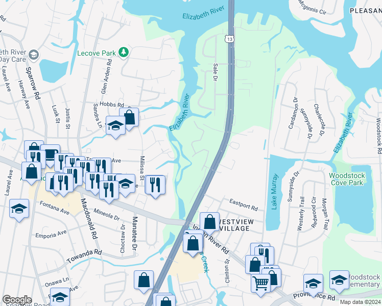 map of restaurants, bars, coffee shops, grocery stores, and more near 725 Drift Tide Drive in Virginia Beach