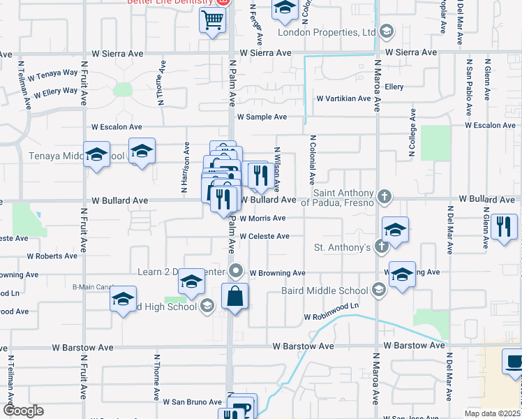 map of restaurants, bars, coffee shops, grocery stores, and more near 717 West Bullard Avenue in Fresno