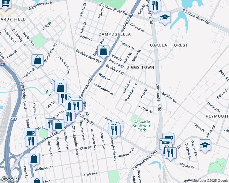 map of restaurants, bars, coffee shops, grocery stores, and more near 720 Leonard Avenue in Chesapeake