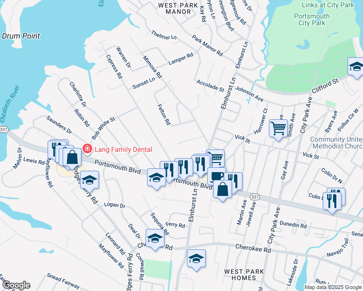 map of restaurants, bars, coffee shops, grocery stores, and more near 29 Baywood Lane in Portsmouth