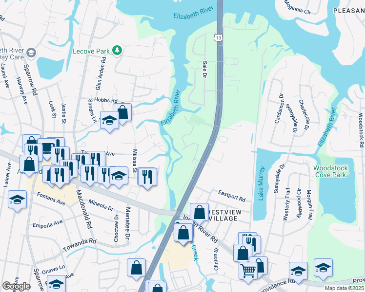 map of restaurants, bars, coffee shops, grocery stores, and more near 725 Drift Tide Drive in Virginia Beach