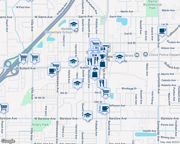 map of restaurants, bars, coffee shops, grocery stores, and more near 705 Woodworth Avenue in Clovis