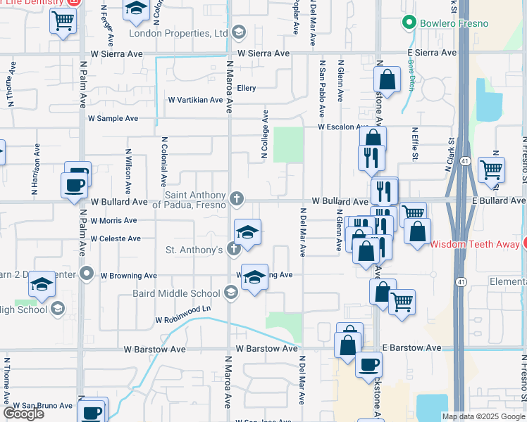 map of restaurants, bars, coffee shops, grocery stores, and more near 311 West Bullard Avenue in Fresno