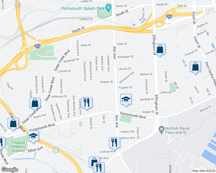 map of restaurants, bars, coffee shops, grocery stores, and more near 2112 Camden Avenue in Portsmouth