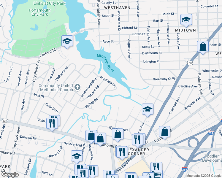 map of restaurants, bars, coffee shops, grocery stores, and more near 22 Foxgrape Road in Portsmouth