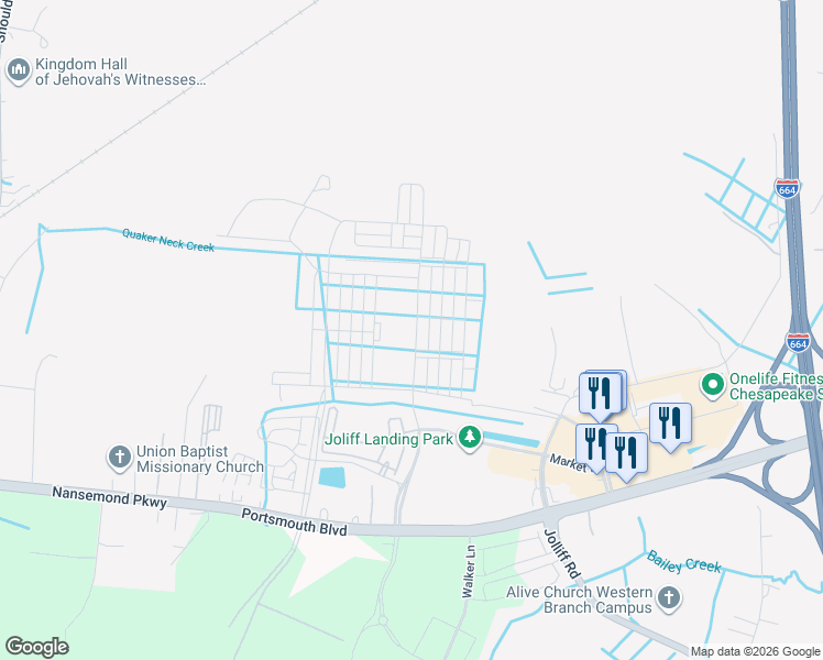 map of restaurants, bars, coffee shops, grocery stores, and more near Jolliff Landing Parkway in Chesapeake