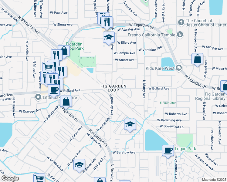 map of restaurants, bars, coffee shops, grocery stores, and more near 3787 North Santa Fe Avenue in Fresno