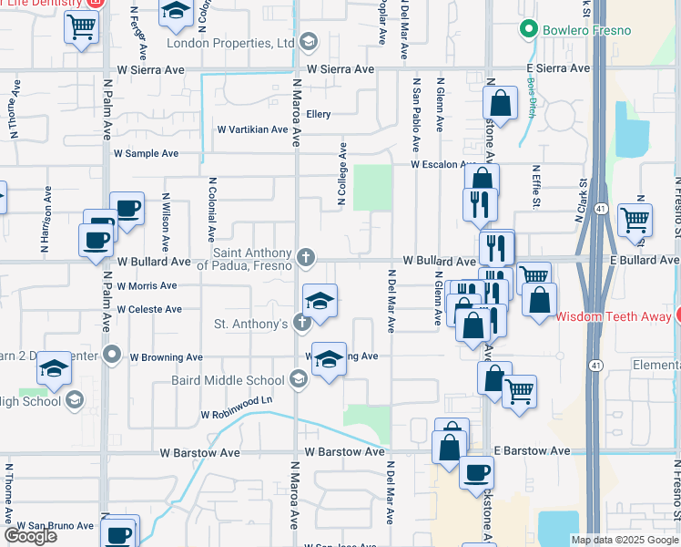 map of restaurants, bars, coffee shops, grocery stores, and more near 311 West Bullard Avenue in Fresno