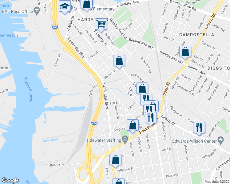 map of restaurants, bars, coffee shops, grocery stores, and more near 217 D Street in Chesapeake