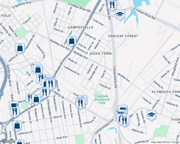 map of restaurants, bars, coffee shops, grocery stores, and more near 701 Quail Avenue in Chesapeake