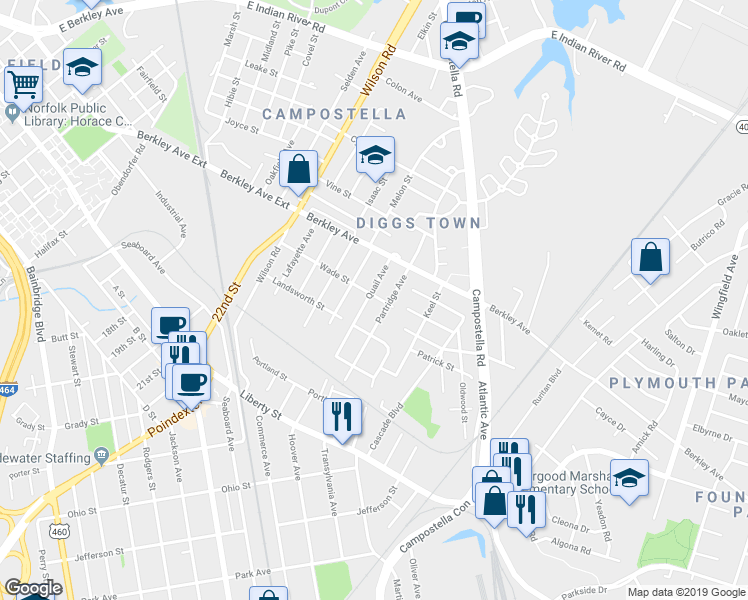 map of restaurants, bars, coffee shops, grocery stores, and more near 701 Quail Avenue in Chesapeake
