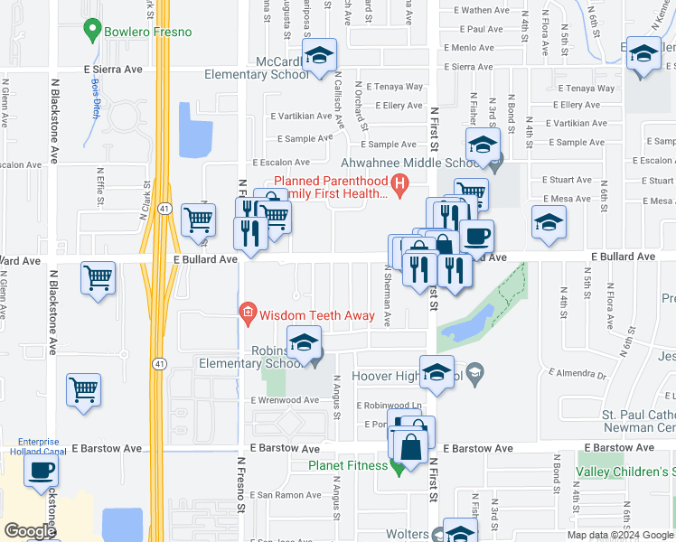 map of restaurants, bars, coffee shops, grocery stores, and more near 5772 North Angus Street in Fresno