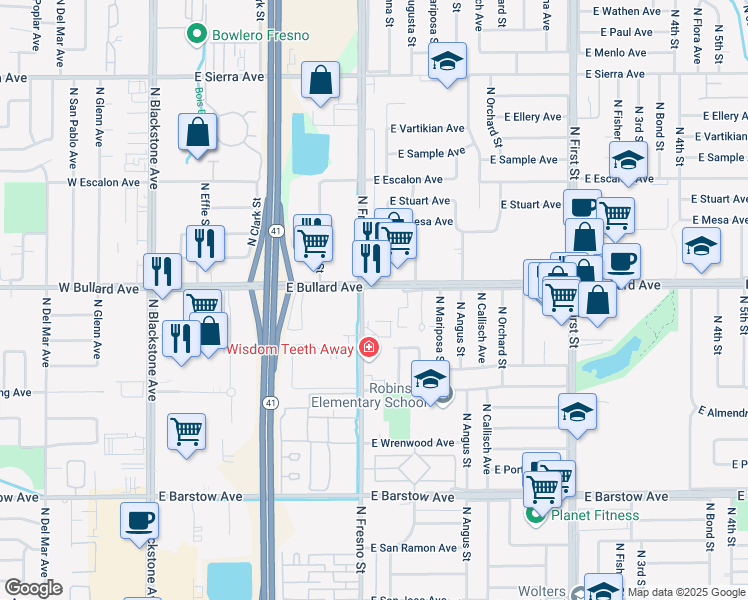 map of restaurants, bars, coffee shops, grocery stores, and more near 5730 North Fresno Street in Fresno