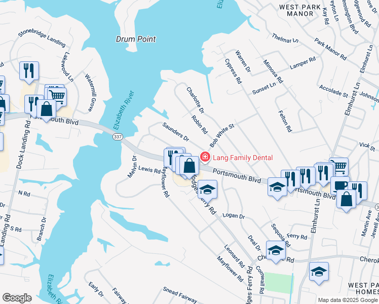 map of restaurants, bars, coffee shops, grocery stores, and more near 808 Melvin Drive in Portsmouth