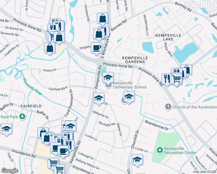map of restaurants, bars, coffee shops, grocery stores, and more near 570 Kempsville Road in Virginia Beach