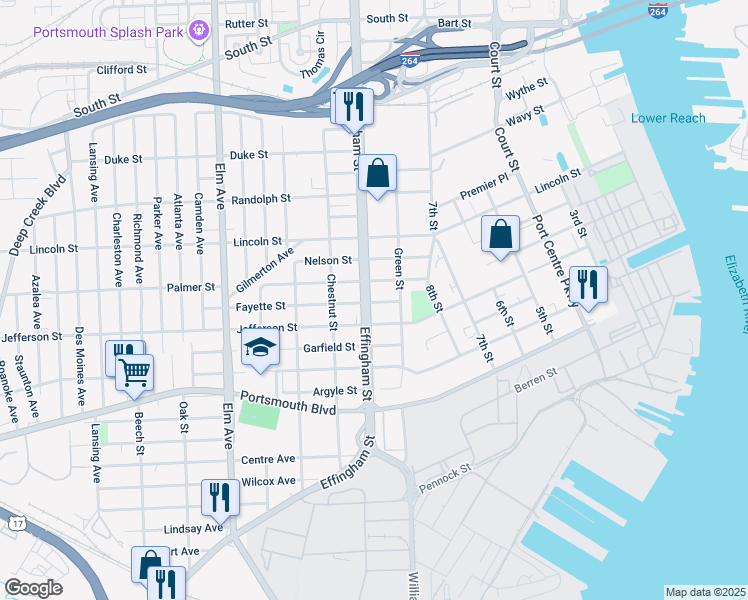 map of restaurants, bars, coffee shops, grocery stores, and more near 2129 Effingham Street in Portsmouth