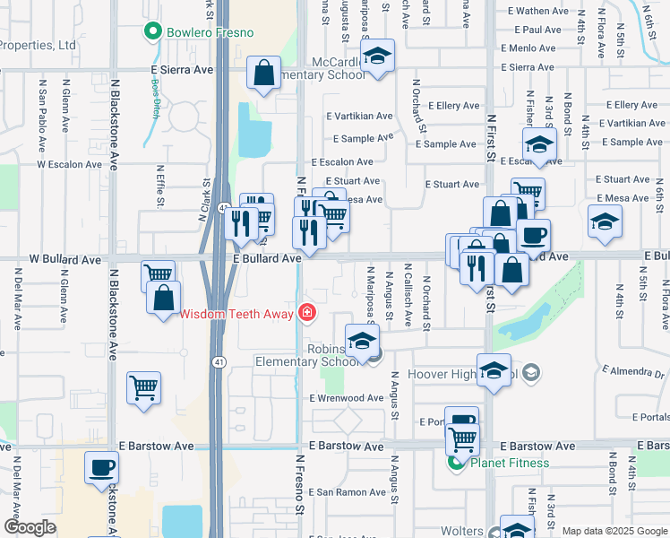 map of restaurants, bars, coffee shops, grocery stores, and more near 485 East Bullard Avenue in Fresno